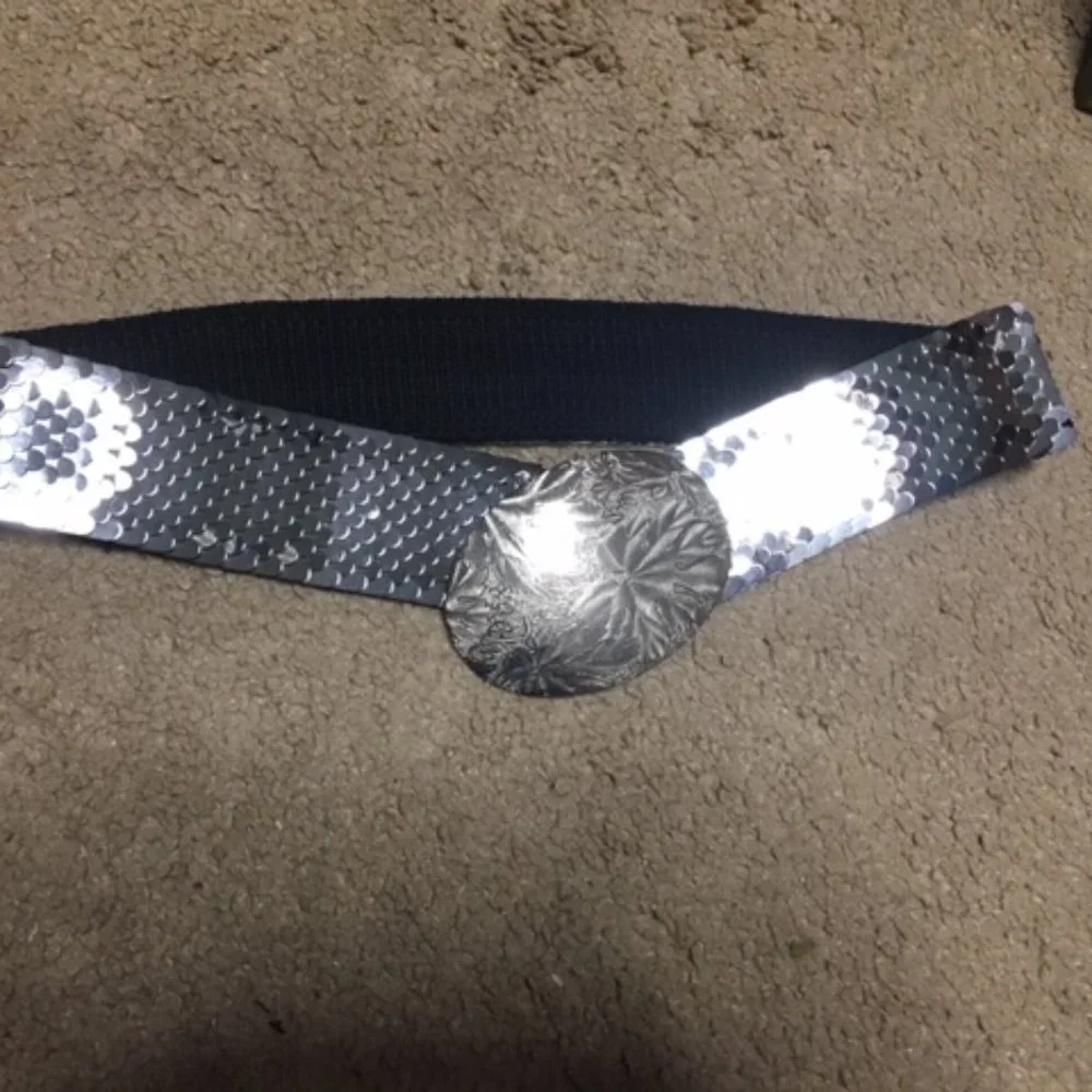 VTG 90's Shiny Silver Metal Reptile Scale Stretch Elastic Belt Silver Buckle